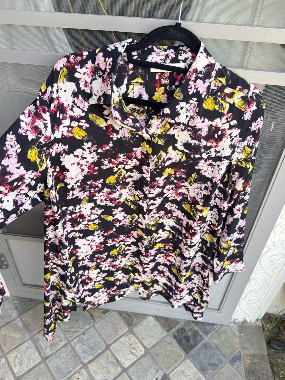 Sejour Black Floral Button-Down Shirt with Pink & Yellow Accents